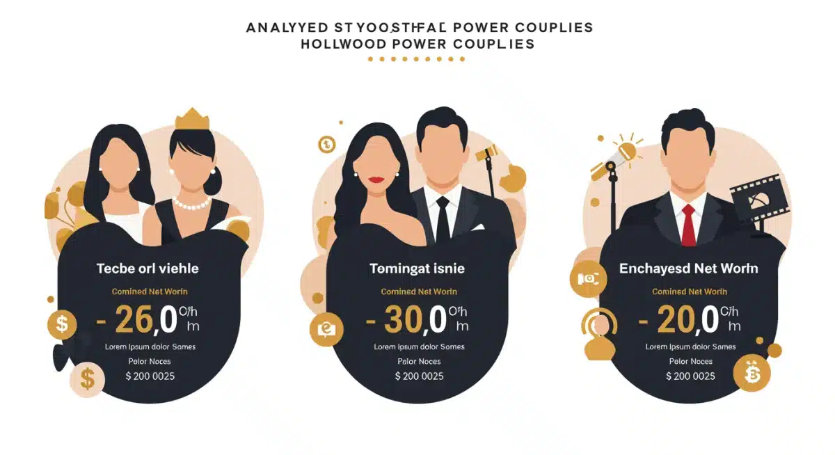 Infographic visualizing the projected combined net worth of three newly formed Hollywood power couples for the year 2025, with industry icons.