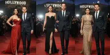 Three prominent Hollywood celebrity couples on a red carpet, radiating glamour and success, embodying the concept of power unions.