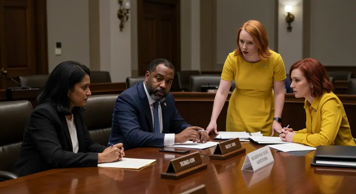 Legislators discussing policy in a congressional meeting room.