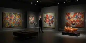 A luxurious art gallery showcasing a multi-million dollar celebrity art collection with modern sculptures and paintings.