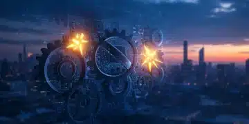 Abstract gears and circuit boards with two glowing anomalies, symbolizing complex and mysterious economic disruptions in Q1 2025.