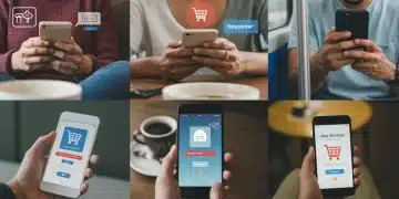 Consumers making online purchases on various mobile devices, highlighting the dominance of mobile commerce.