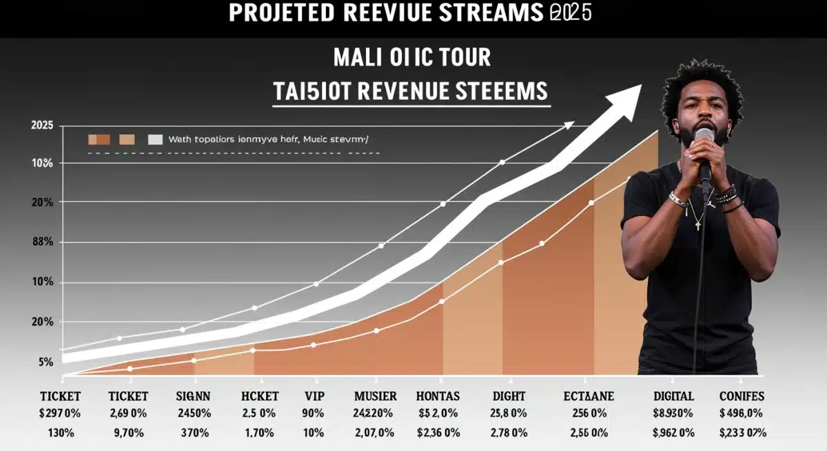 Projected revenue streams for major music tours in 2025, detailing ticket, merchandise, and VIP sales