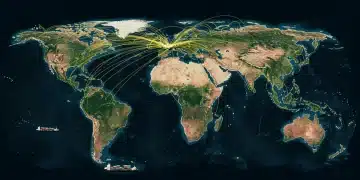Digital map illustrating new global trade routes impacting the US economy.