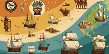 Stylized map showing New World discoveries' enduring impact on American society