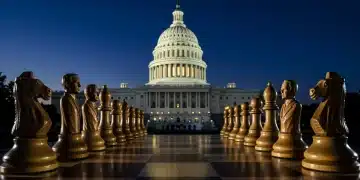Political chess game with US Capitol backdrop, symbolizing strategic moves for 2025 legislative agenda.