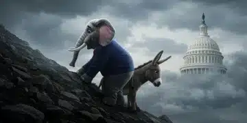 Major political party mascot struggling uphill, symbolizing challenges ahead.