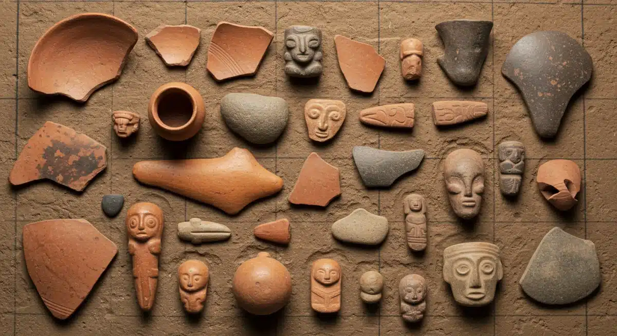 Pre-Columbian artifacts including pottery and stone tools displayed on an archaeological grid.