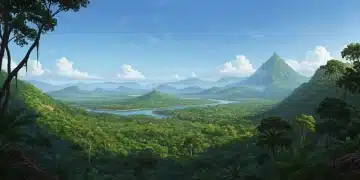 Pristine New World landscape with rainforests and mountains
