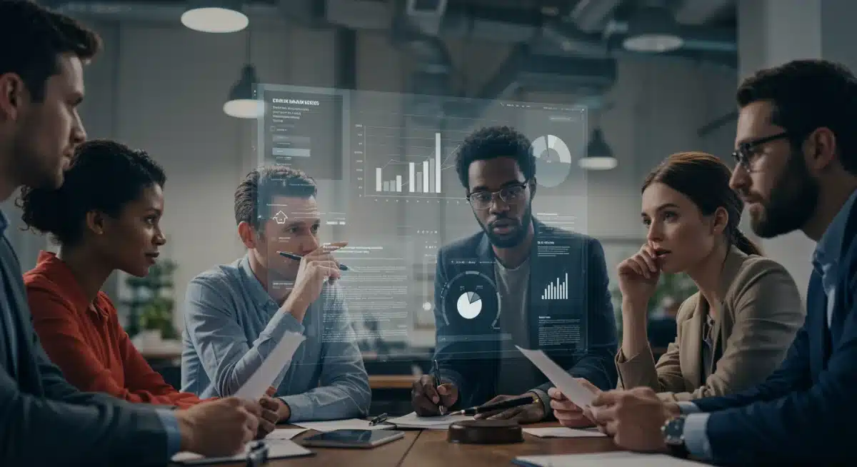 Diverse group analyzing new legislative documents on screen