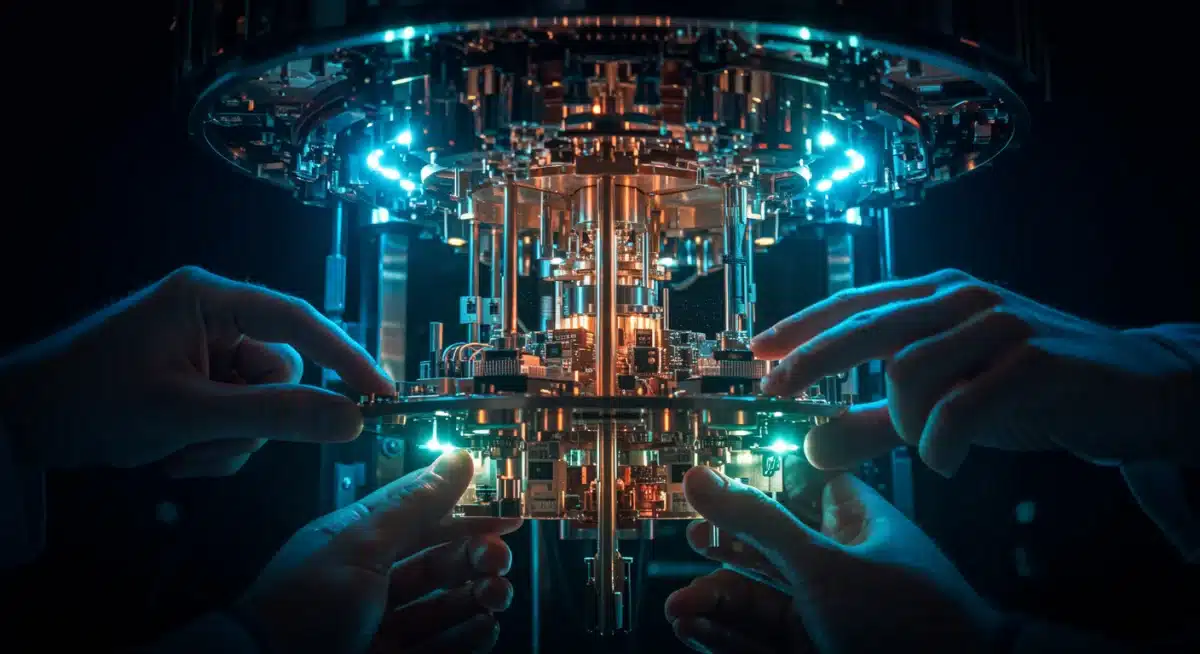 Quantum computer components glowing with blue lights, showcasing advanced computing research