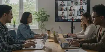 Professionals collaborating remotely in a modern home office with technology