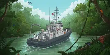 Research vessel exploring a biodiverse New World rainforest river.