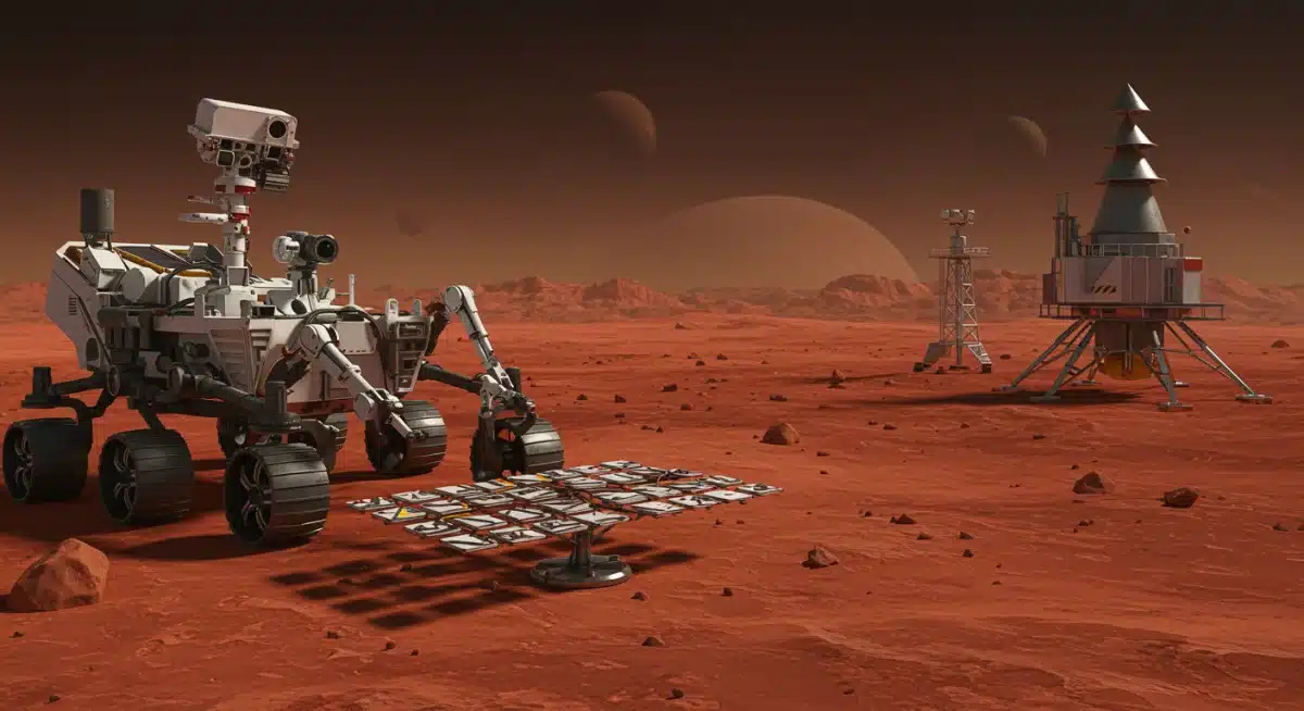Advanced robotic rover deploying sensors on a red planet for resource detection.