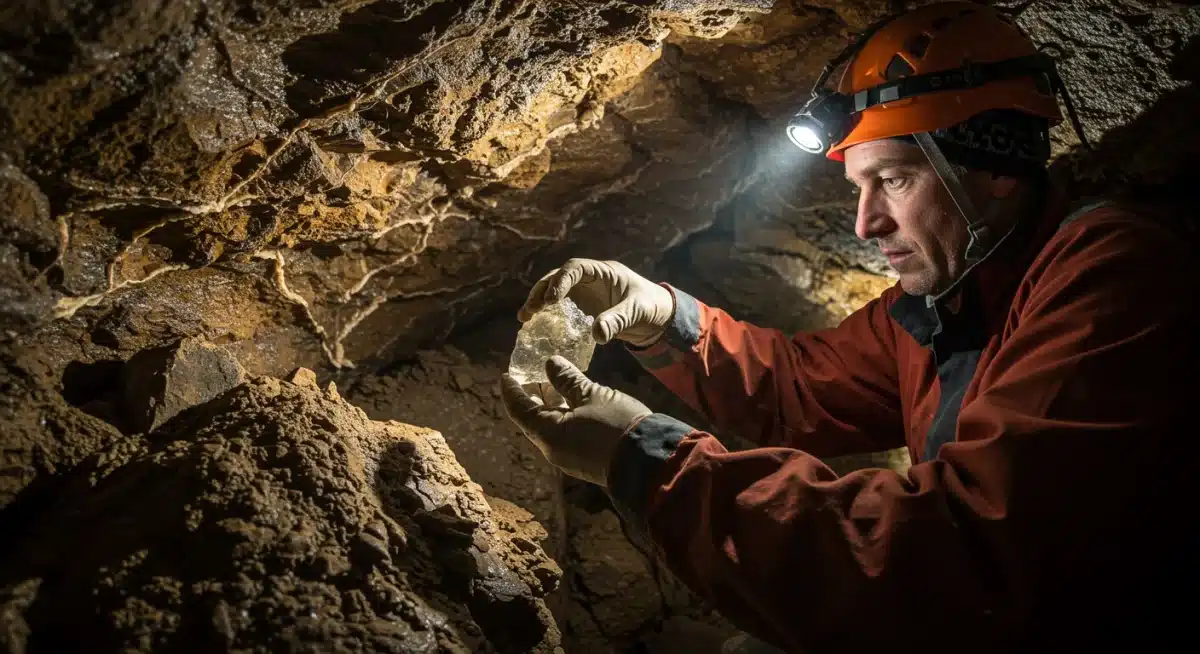 Scientist collecting mineral samples in a newly discovered cave system.