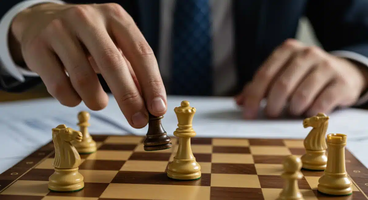 Hands moving chess pieces on a board, representing policy planning and political strategy.