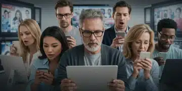 Diverse adults consuming news on digital devices, symbolizing the shift from cable to streaming news.