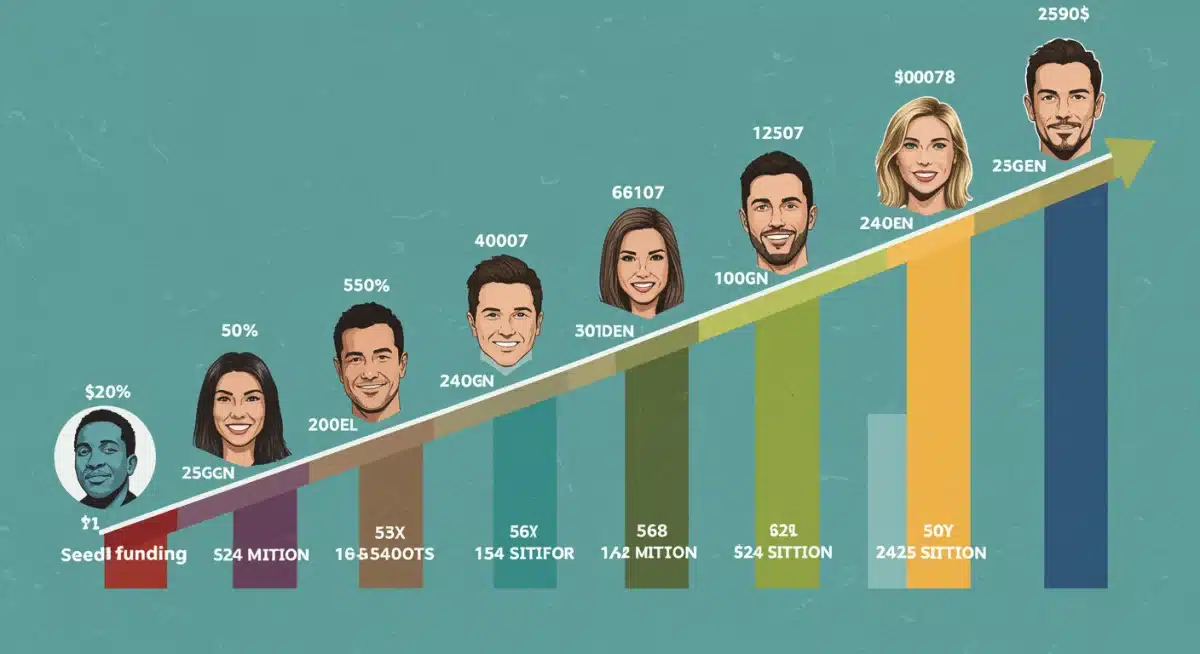 Infographic showing a tech startup's growth trajectory from inception to a billion-dollar valuation, featuring celebrity investor influence.