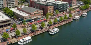 Bustling US city waterfront with diverse tourists and modern architecture, showcasing dynamic urban tourism.