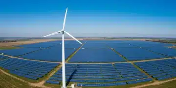 Solar panels and wind turbine generating clean electricity in the US