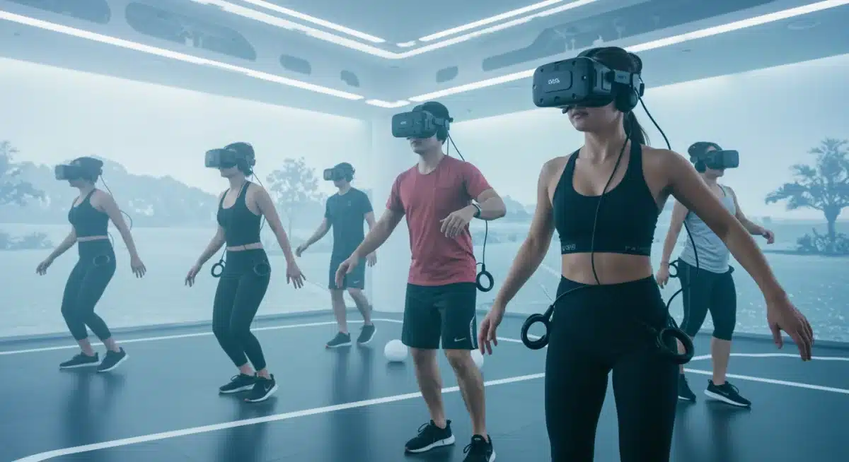 People participating in a virtual reality fitness class with VR headsets.