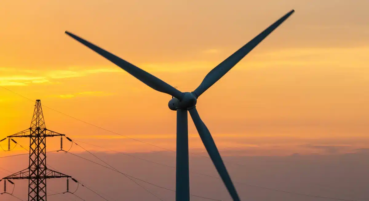 Wind turbine generating power at sunset, connected to the grid