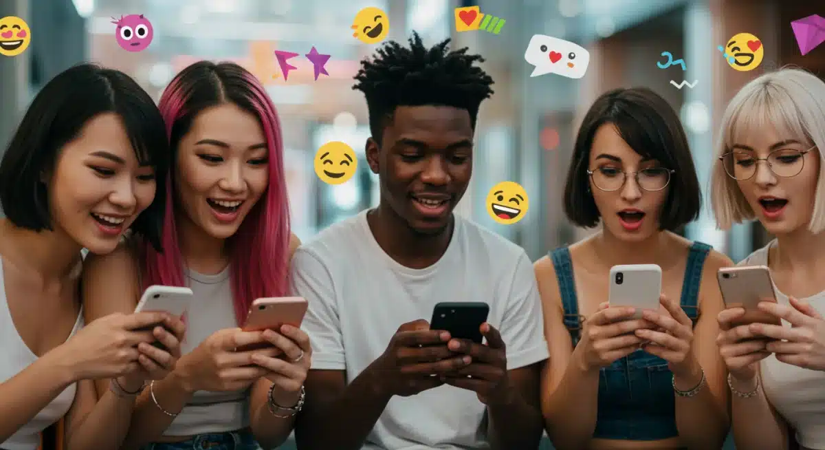 Youth reacting to viral videos on smartphones