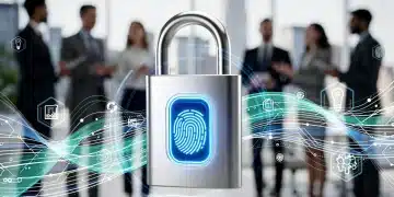 Advanced biometric security padlock with fingerprint and data streams for U.S. businesses in 2026