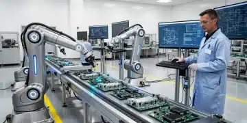 Advanced robotic arms working in a U.S. manufacturing plant, symbolizing cost reduction and efficiency.