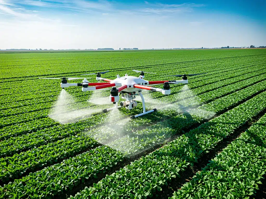 Agricultural drone spraying crops in a field, showcasing precision farming technology