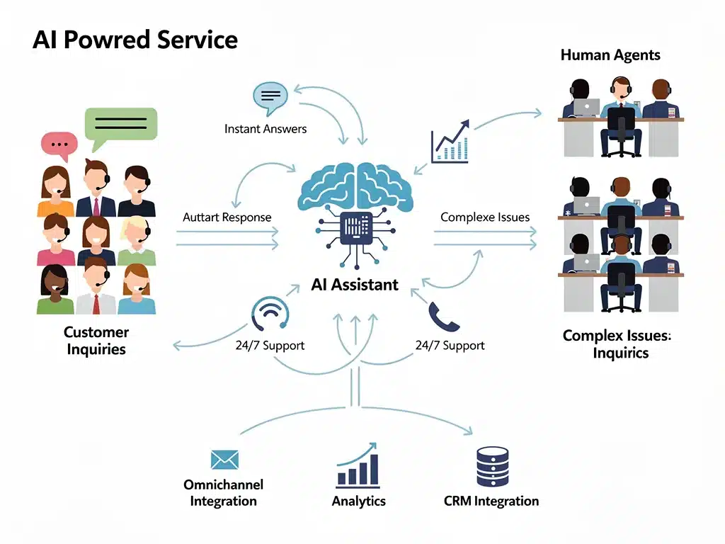 AI customer service workflow diagram showing inquiry routing and human agent escalation.