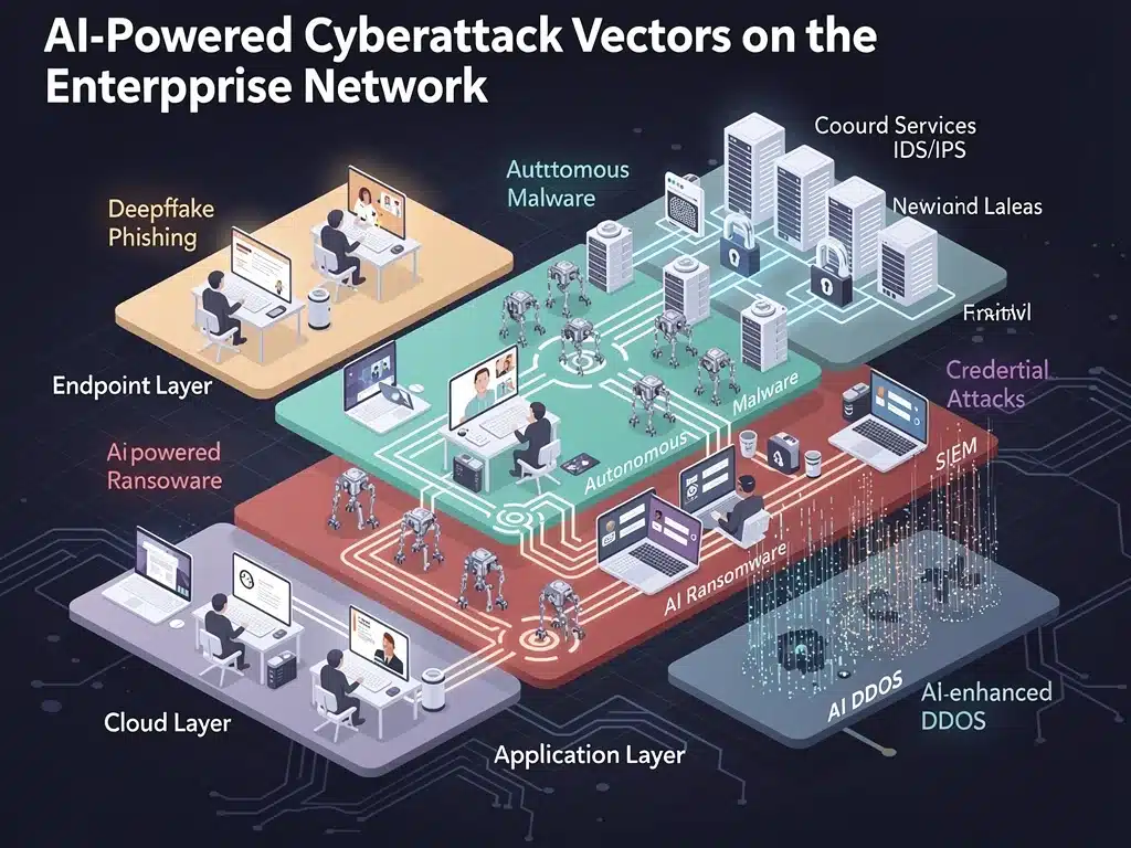 Diagram of AI-powered cyberattack vectors in enterprise networks