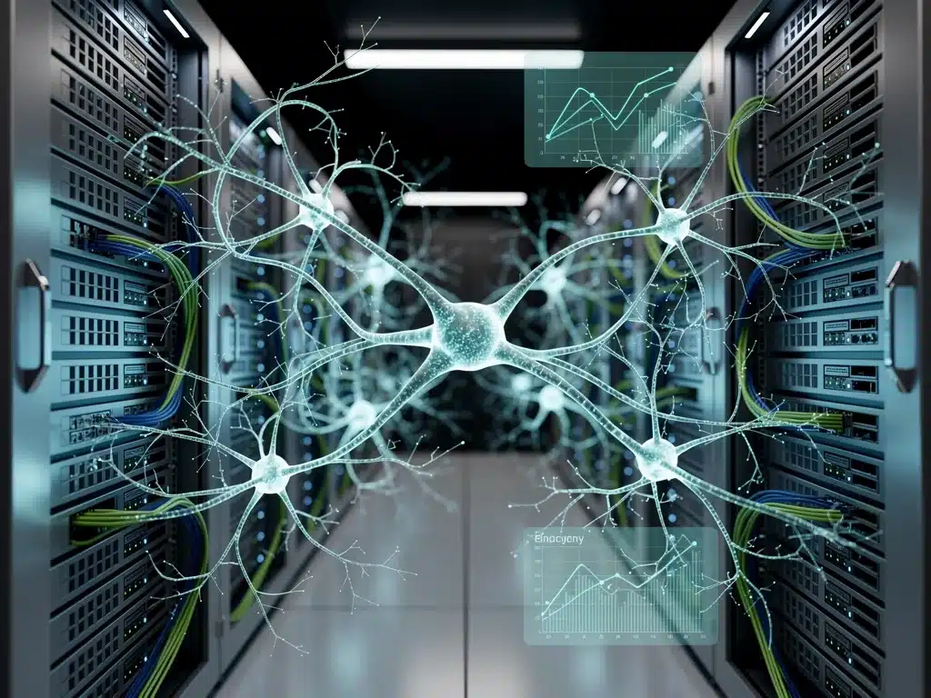 Neural network overlay on server racks, illustrating AI's intelligent energy management in data centers.