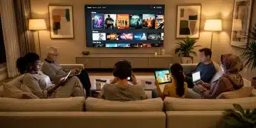Diverse individuals engaged in streaming on various devices, reflecting increased daily American media consumption.