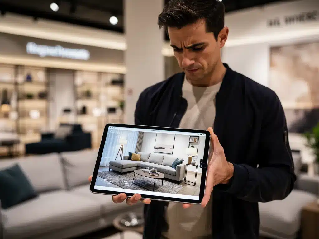 Customer using AR app to visualize furniture placement in their home
