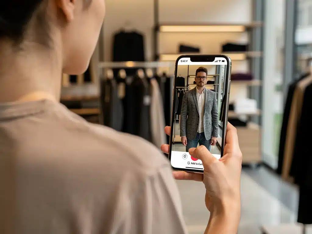 Shopper using augmented reality app to virtually try on clothes in a store