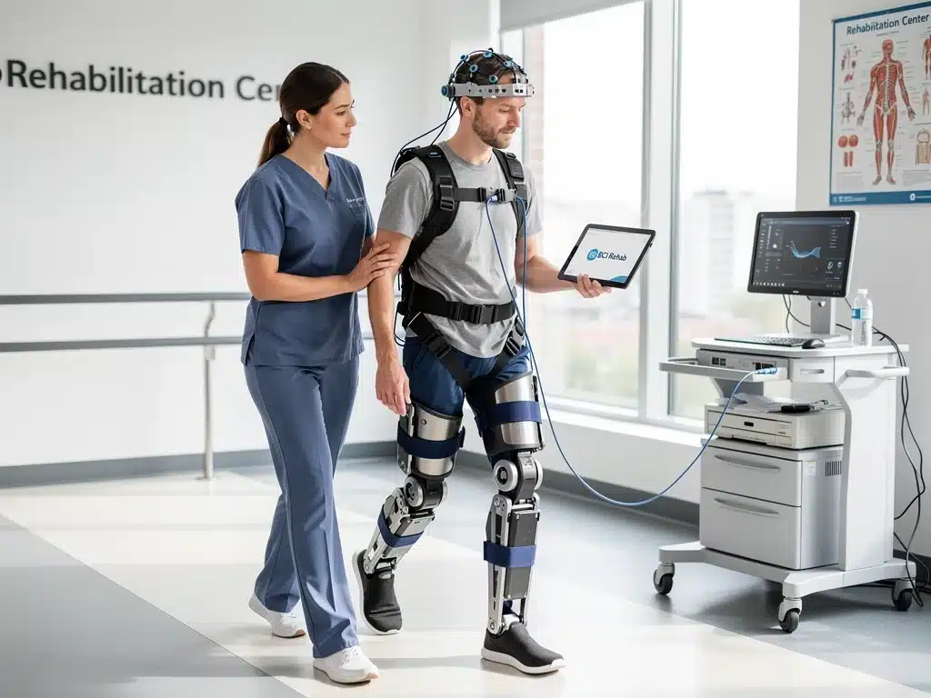 Spinal cord injury patient using BCI-controlled exoskeleton for rehabilitation