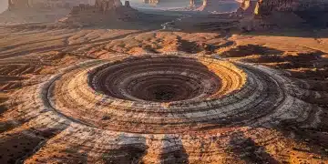 Aerial view of a striking circular geological formation in a US desert