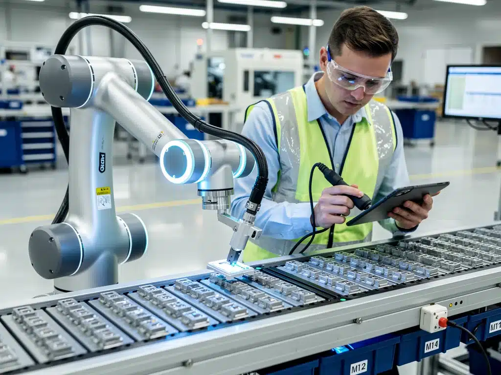 Collaborative robot assisting human worker on a manufacturing assembly line, showcasing human-robot synergy.
