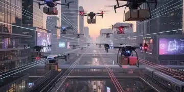 Commercial drones flying over a modern city at night, illustrating advanced logistics and infrastructure inspection