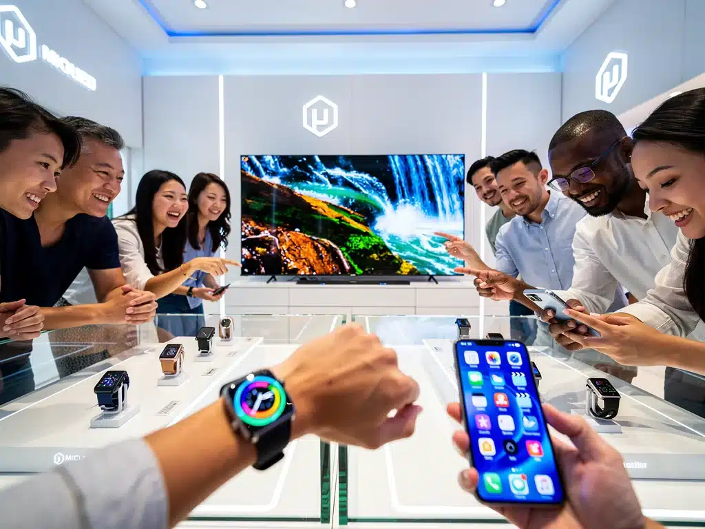 Consumers examining Micro-LED devices in a modern electronics store.