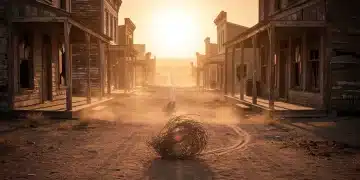 Deserted street of a historic US ghost town with weathered buildings and a faint, mysterious figure.