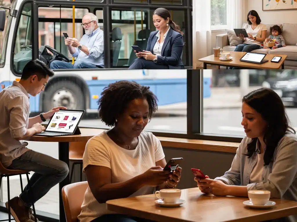 Diverse consumers engaging in mobile shopping on different devices, highlighting accessibility