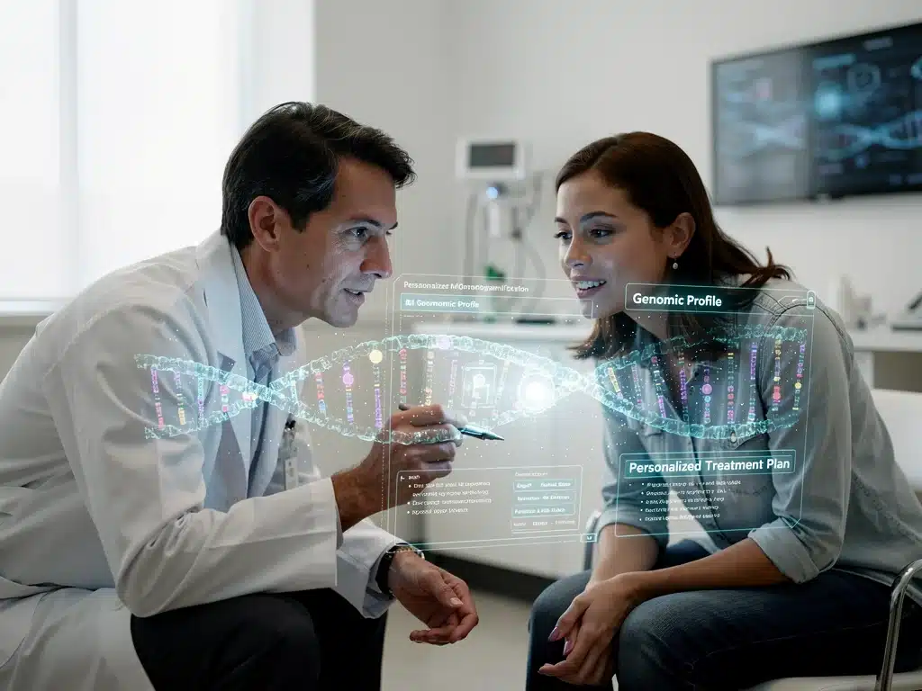 Doctor and patient reviewing personalized genomic data on a holographic screen