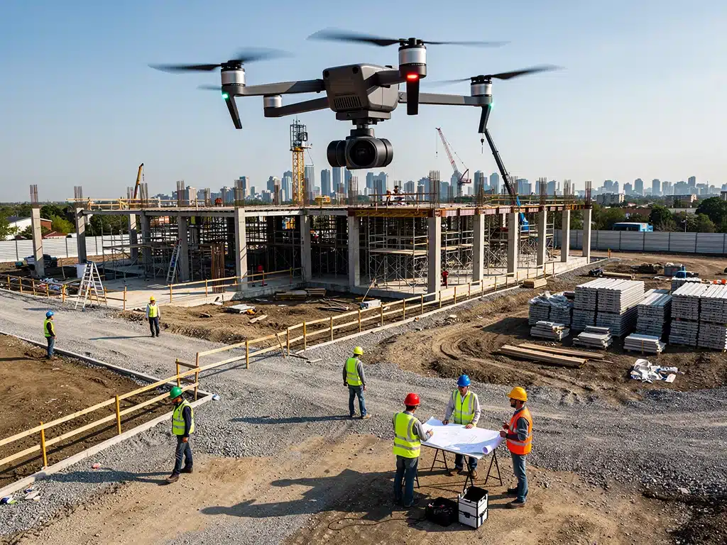 Drone surveying a busy construction site, demonstrating efficiency and safety in monitoring