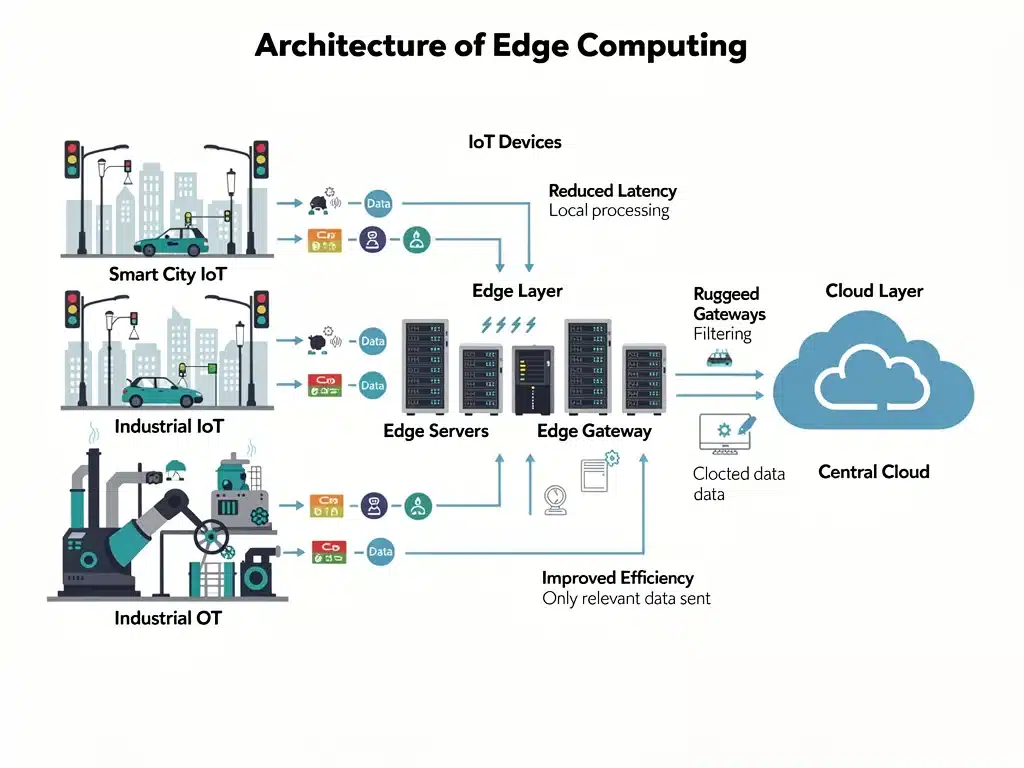 Diagram of edge computing architecture with IoT devices and local servers.