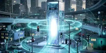 Futuristic network showing edge computing processing data for U.S. IoT devices efficiently.