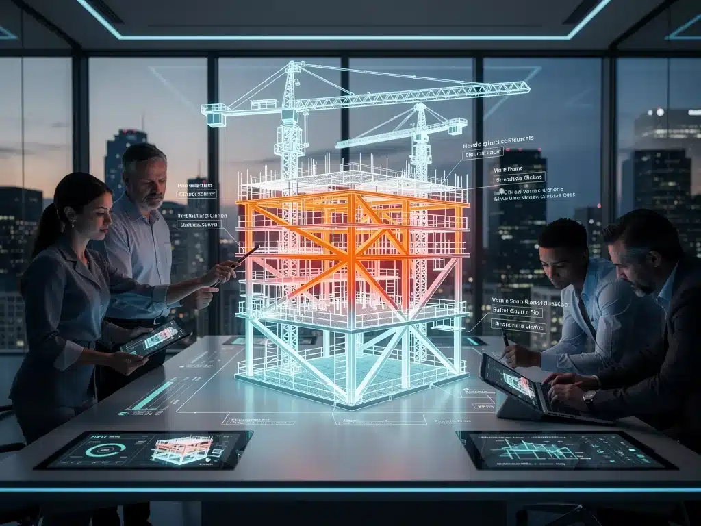 Engineers using augmented reality with a digital twin construction site