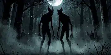 Stylized illustration of two mysterious cryptid silhouettes in a remote US forest at night, observed by distant figures.