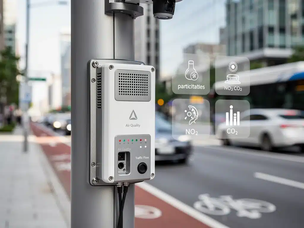 Environmental sensor integrated into smart street light monitoring urban data